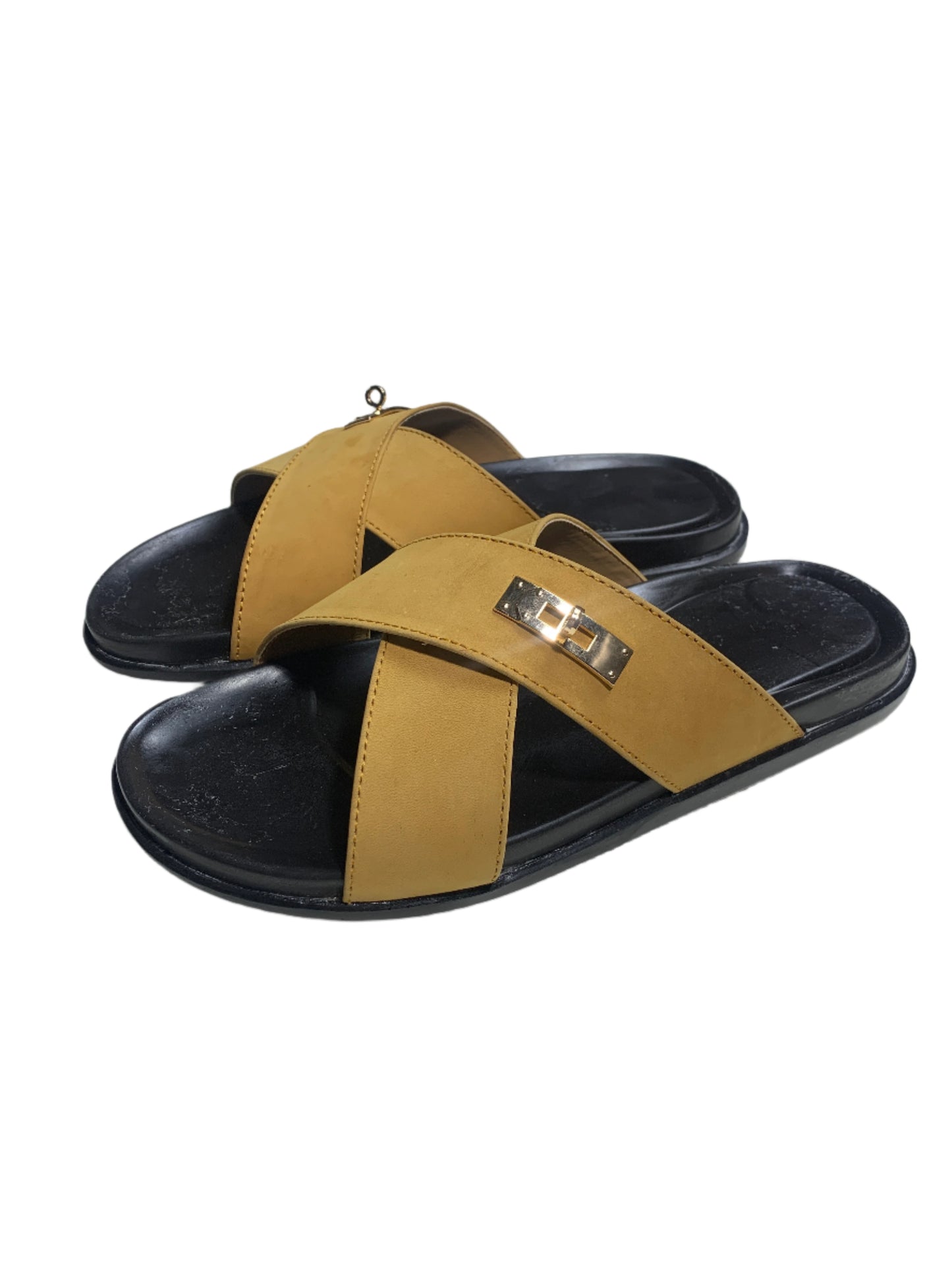 CLASSIC CAMEL CROSS LEATHER SLIDES