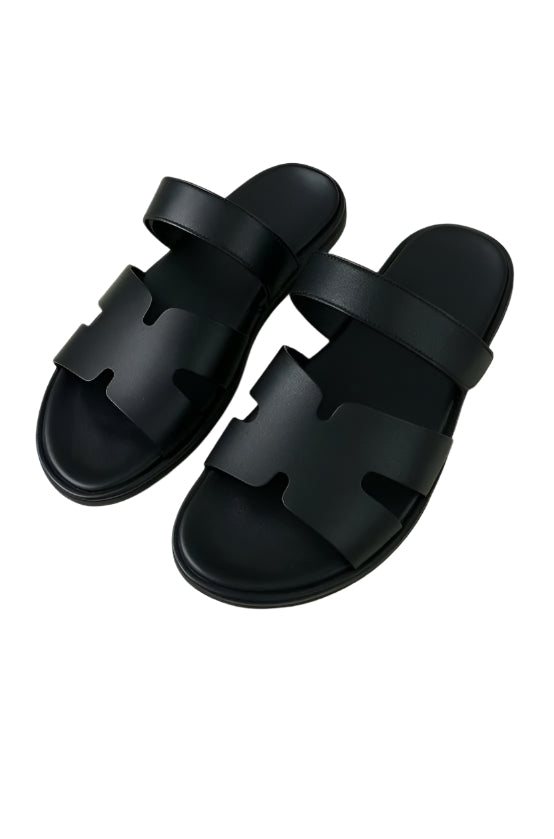 BLACK LEATHER SLIDES