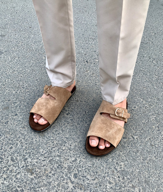 BEIGE BROWN LEATHER SLIDES