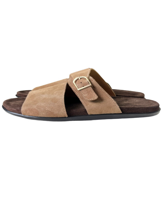 BEIGE BROWN LEATHER SLIDES