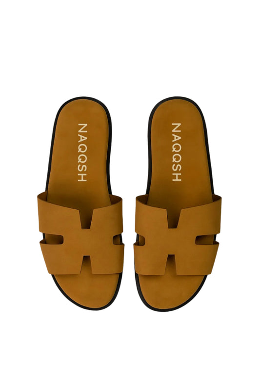 CAMEL NUBUCK LEATHER SLIDES